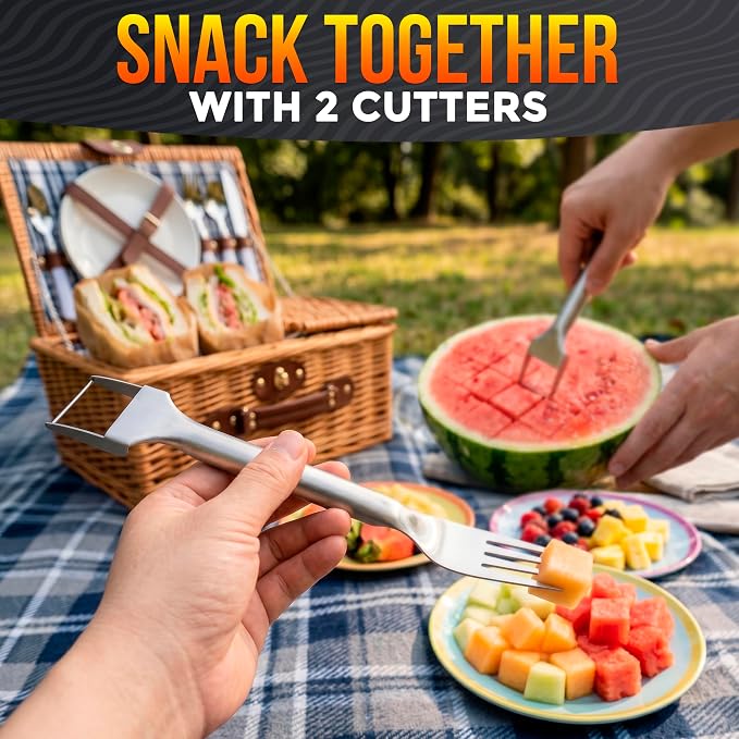 2Pcs Stainless Steel Watermelon Cutter Slicer Tool 2-in-1, Even Cuts | Watermelon Slicer Tool & Serving Fork in One; Slices Cubes Mess-Free; for Melon, Cantaloupe & Dragon Fruit; Summer Parties