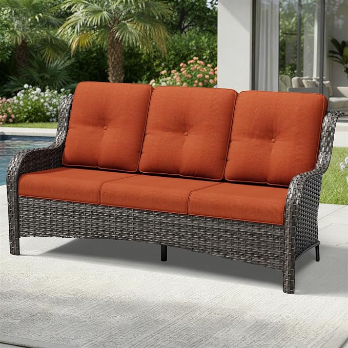 Joyside Outdoor Patio Couch, 3 Seater Outdoor Wicker Sofa with High Back, Deep Seating, Wide Armrest, Thickened Cushions, Patio Sofa for Deck, Porch Use
