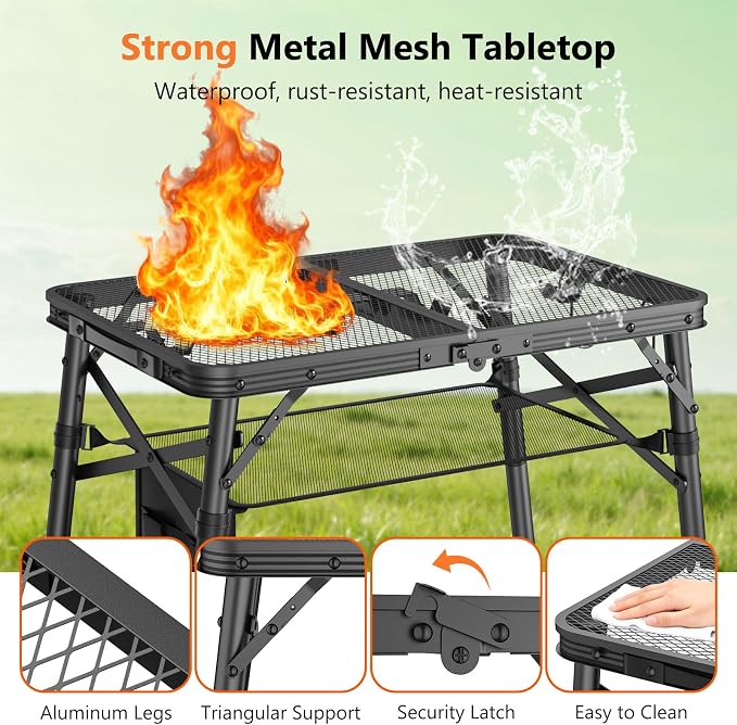 Raynesys Portable Folding Grill Table for Outside for Picnic, Camping | 3 Height Adjustable Small Camping Table with Mesh Bag, Metal Aluminum Folding Table, 23.62 x 15.75 inches, Black