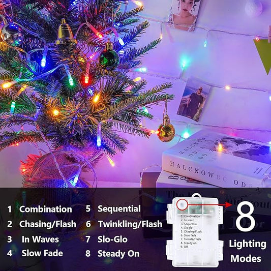 2 Pack String Lights Battery Operated with Timer, 66FT 200 LED Waterproof Battery Twinkle Lights, 8 Modes Fairy Light for Indoor & Outdoor Party Bedroom Porch Tree Christmas Decorations (Multicolor)