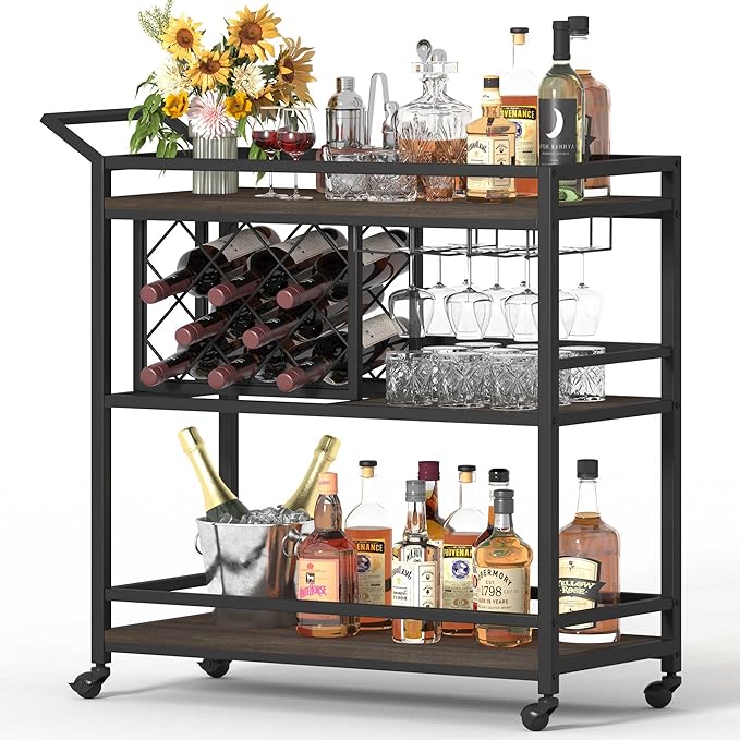 Bar Cart for The Home with Wine Rack and Glasses Holder, Small Home Bar Serving Cart on Wheels for Liquor and Alcohol (Walnut Brown)