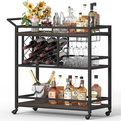 Bar Cart for The Home with Wine Rack and Glasses Holder, Small Home Bar Serving Cart on Wheels for Liquor and Alcohol (Walnut Brown)