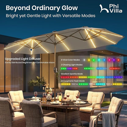 PHI VILLA 13ft Patio Umbrella w/ 120 PCS Color Changing Solar Lights, Grey | Outdoor Triple-Head Large Rectangle/Rectangular Solar-powered Market Table Umbrellas, w/ Crank Lift, for Poolside(No base)