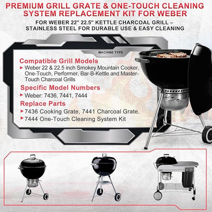 7436 Cooking Grate Hinged & 7441 Charcoal Grate for Weber 22" 22.5" Kettle Charcoal Grill,Replacement Grates for Weber One-Touch/Master-Touch/Performer Series, with 7444 One-Touch Cleaning System Kit