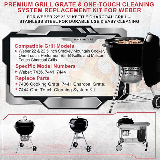 7436 Cooking Grate Hinged & 7441 Charcoal Grate for Weber 22" 22.5" Kettle Charcoal Grill,Replacement Grates for Weber One-Touch/Master-Touch/Performer Series, with 7444 One-Touch Cleaning System Kit