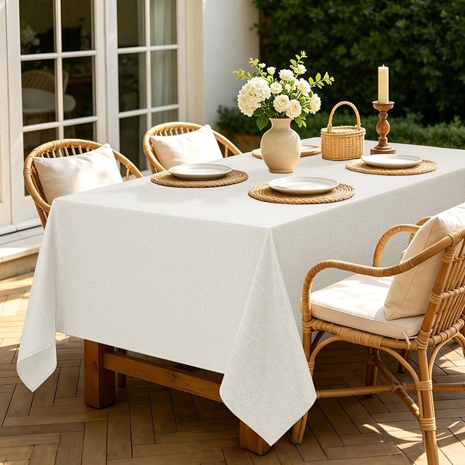 Decorelia Table Cloth for Rectangle Dining Table, Faux Linen Waterproof Texture Farmhouse Washable Rectangular Tablecloth Cover for Birthday, Party, Picnics, Wedding Decor(Ivory, 52 x70 Inch)