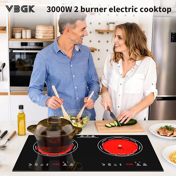 VBGK Electric Cooktop,24 Inch Electric Stove Top 110V 3000W with LED touch Control,8 Power Levels, Kids Lock & 4H Timer,Overheat Protection stove,2 burner cooktop