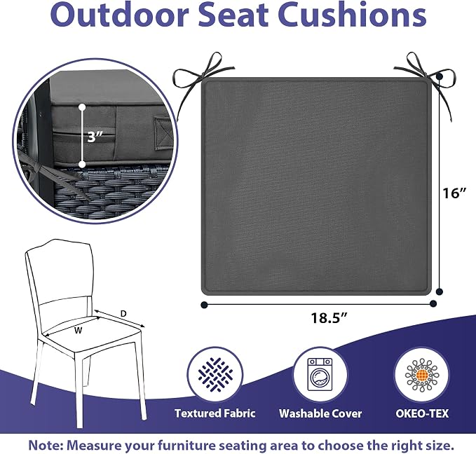 IPYNBAP Outdoor Chair Cushions Set of 4 -Waterproof Outdoor Seat Cushions for Patio Furniture, Patio Chair Cushion with Handle and Ties, Out Door Chair Pads,18.5x16x3-Square, Darkgrey