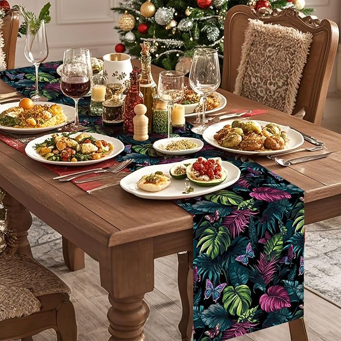 Tropical Leaves Table Runner,Dining Decor for Kitchen Coffee Table Family Dinners Holiday Parties Wedding Events Decor(13x72 inch)