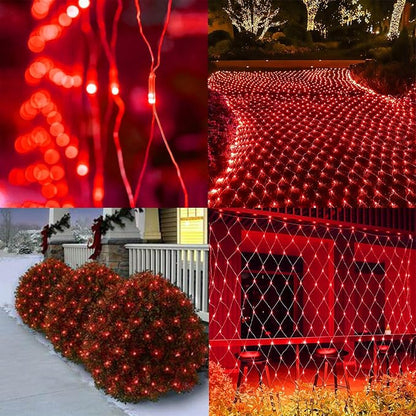 WATERGLIDE Outdoor Valentines Net Lights, 12FT x 5FT 360 LED Mesh String Light with 8 Lighting Mode, Connectable Waterproof Lights for Garden Tree Bushes, Christmas Wedding Party Decorations, Red