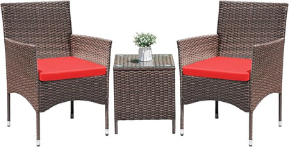 Greesum 3 Pieces Patio Dining PE Rattan Wicker Chair Furniture Set with Cushion and Glass Coffee Table for Outdoor Garden Backyard Poolside, Brown and Red