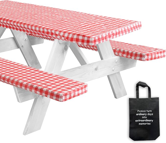 LINPRO 6ft Picnic Table Cover with Bench Covers Vinyl Fitted Picnic Table Covers with Elastic Camping Essentials and picnic tablecloth and RV Accessories with bag