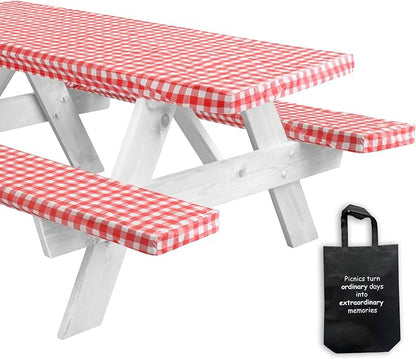 LINPRO 6ft Picnic Table Cover with Bench Covers Vinyl Fitted Picnic Table Covers with Elastic Camping Essentials and picnic tablecloth and RV Accessories with bag