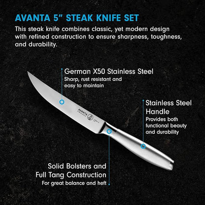 Messermeister Avanta Forged 5” Fine Edge Steak Knife Set - Pack of 2 - German X50 Stainless Steel - Rust Resistant & Easy to Maintain - 8 Steak Knives Total