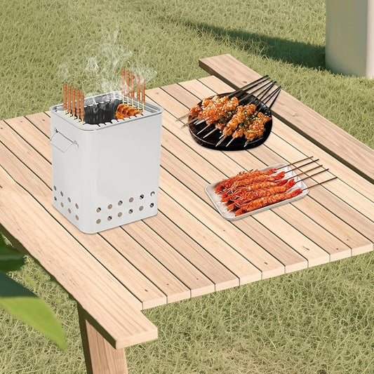 Stainless Steel Barrel Grill Charcoal 2-in-1 Barrel Smoker Grill with Complete BBQ Kit 360° Smokeless Barril Asador Vertical Smoker for Backyard Cookout, Camping (Rectangle, 26-Skewer)