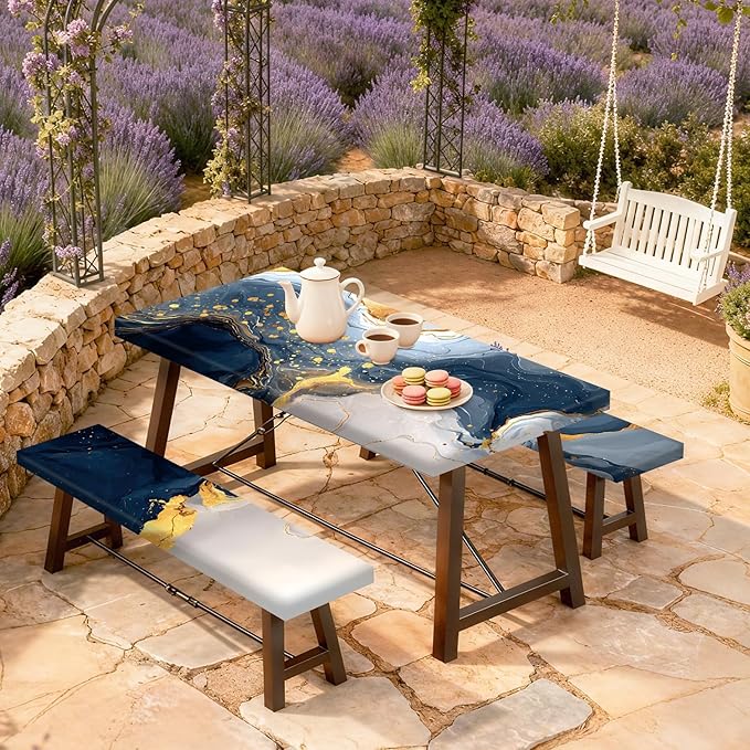 Marble Picnic Table Cover with Table Cover, Outdoor Picnic Table Elastic Tablecloth, Blue and Gold Abstract Design, Camping, Barbecue and Terrace Dining Tablecloth