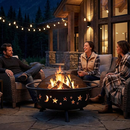 Sunnydaze Cosmic 42-Inch Large Outdoor Fire Pit - Wood-Burning Firepit for Outside Patio, Backyard, Deck - Steel - Wood Grate, Spark Screen, and Fireplace Poker Included - Black - 31” Bowl Diameter