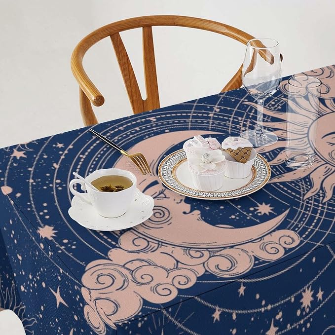 Moon Sun Tablecloth Vintage Boho Celestial Star Magical Galaxy Space Table Cloth Water Resistant Wipeable Table Cover for Farmhouse Picnic Party Holiday Kitchen Dinner Table 60"x120"