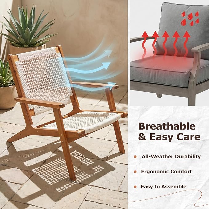 Greesum Acacia Wood Patio Recliner Chairs | 2 Pack Modern Rope Accent Recliners, Outdoor Lounge Seating for Balcony, Porch, Backyard & Poolside