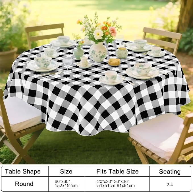 Smiry Picnic Table Cloth, Vinyl Tablecloths with Flannel Backing, 60" Round | Waterproof Picnic Table Cloth, Wipeable Buffalo Plaid Table Cover for Indoor and Outdoor (Black & White)