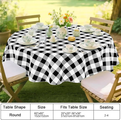 Smiry Picnic Table Cloth, Vinyl Tablecloths with Flannel Backing, 60" Round | Waterproof Picnic Table Cloth, Wipeable Buffalo Plaid Table Cover for Indoor and Outdoor (Black & White)