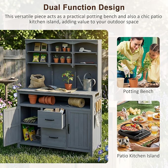 Merax 45.3" Large Outdoor Fir Wood Potting Bench with Storage, Multi-Functional Patio Kitchen Island with 6-Shelf Hutch+2 Cabinets+2 Drawers+3 Hooks, Garden Workstation for Planting, Gardening, Gray