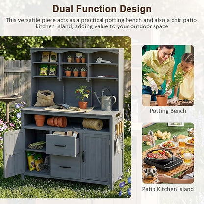 Merax 45.3" Large Outdoor Fir Wood Potting Bench with Storage, Multi-Functional Patio Kitchen Island with 6-Shelf Hutch+2 Cabinets+2 Drawers+3 Hooks, Garden Workstation for Planting, Gardening, Gray