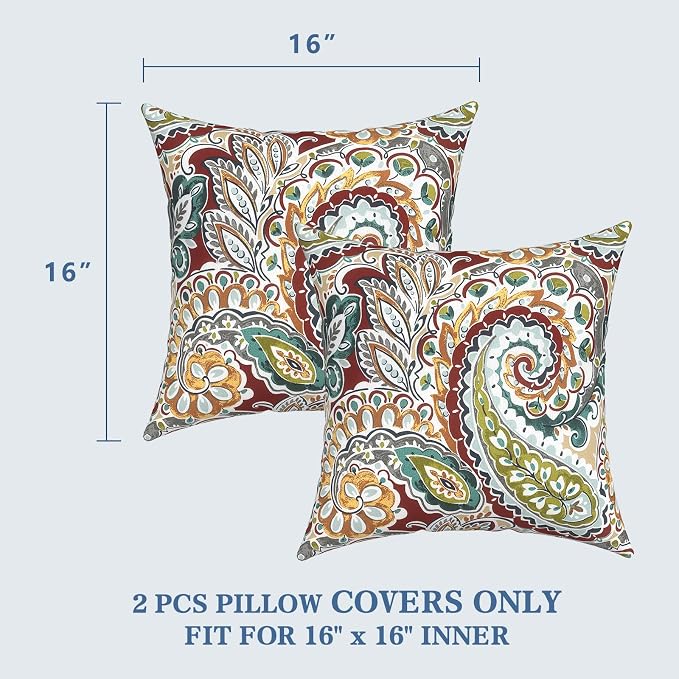 LVTXIII 2 Pack Outdoor Throw Pillow Covers for Patio Furniture, 16x16 Inch Square Pillow Case, Water-Repellent Cushion Covers for Garden, Porch, Sofa, Vibrant Paisley