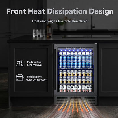 24 Inch Built-In Beverage Cooler for 182 Cans, Under Counter Beer Fridge with Tempered Glass Door & LED Lighting, Freestanding/Integrated Installation (Black)