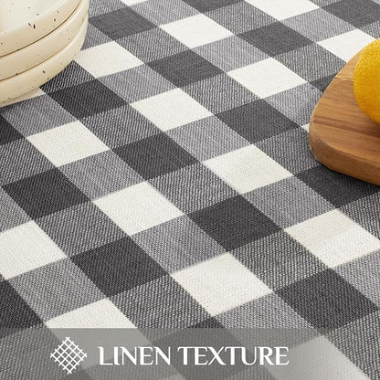 Softalker Checkered Tablecloth Square, Outdoor Linen Cotton Gingham Table Cloth with Tassel, Heavy Duty Wrinkle Free Buffalo Plaid Table Cover for Kitchen Dining Summer Party - 55 x 55 Inch, Black