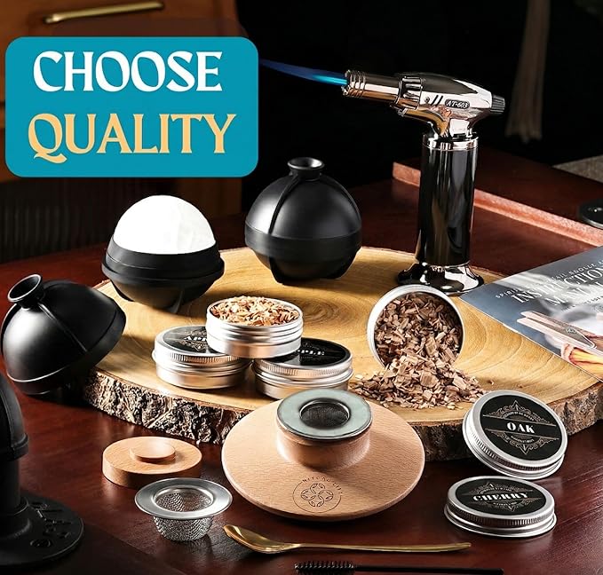 Whiskey Smoker Kit - Cocktail Smoker Kit with Torch, 2 Whiskey Glasses, 2 Ice Ball Makers, 6 Flavors Wood Chips - Old Fashioned Smokers - Bourbon Drink Smoking Set - Whiskey Accessories Gifts for Men