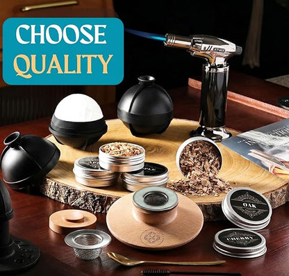 Whiskey Smoker Kit - Cocktail Smoker Kit with Torch, 2 Whiskey Glasses, 2 Ice Ball Makers, 6 Flavors Wood Chips - Old Fashioned Smokers - Bourbon Drink Smoking Set - Whiskey Accessories Gifts for Men