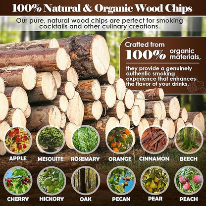 Natural Wood Chips for Cocktail Smoker, 12 Flavors Wood Chips Including Apple,Cherry,Oak,Mesquite,Pecan,Pear,Peach,Hickory,Beech,Organge, Rosemary,Cinnamon, Gifts for Men,Dad,Husband