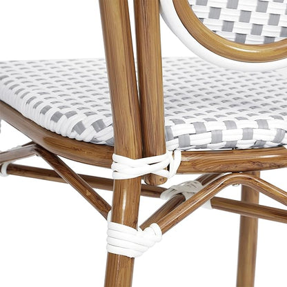 Flash Furniture Lourdes Indoor/Outdoor Commercial Thonet Bistro Stack Chair - White/Gray PE Rattan Back and Seat - Natural Bamboo Print Metal Frame