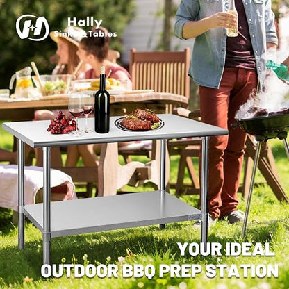 Hally Stainless Steel Table for Prep & Work 14 x 36 Inches NSF Commercial | Metal Heavy Duty Workbench, Adjustment Undershelf, for Kitchen, Restaurant, Home, Hotel, Garage, Pizza Oven, Galvanized Legs
