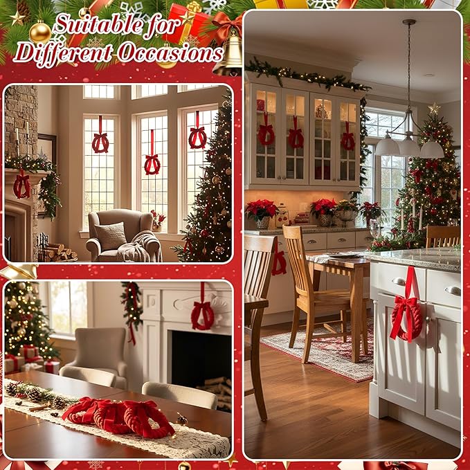 Suncalla 6 Pcs Christmas Velvet Wreath with Bow Ribbon Mini Christmas Kitchen Cabinet Front Door Wreath Decorative for Outdoor Indoor Party Table Fireplaces Porch Walls