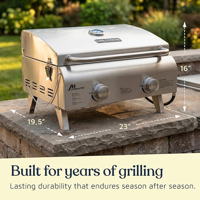 Stainless Steel Gas Grill, Dual 10,000 BTU Burners, 275 Sq.In Cooking Space, Push-to-Start Ignition, Wind-Proof Lid with Built-in Thermometer, Perfect for Camping Tailgates & Backyard BBQ Cookouts