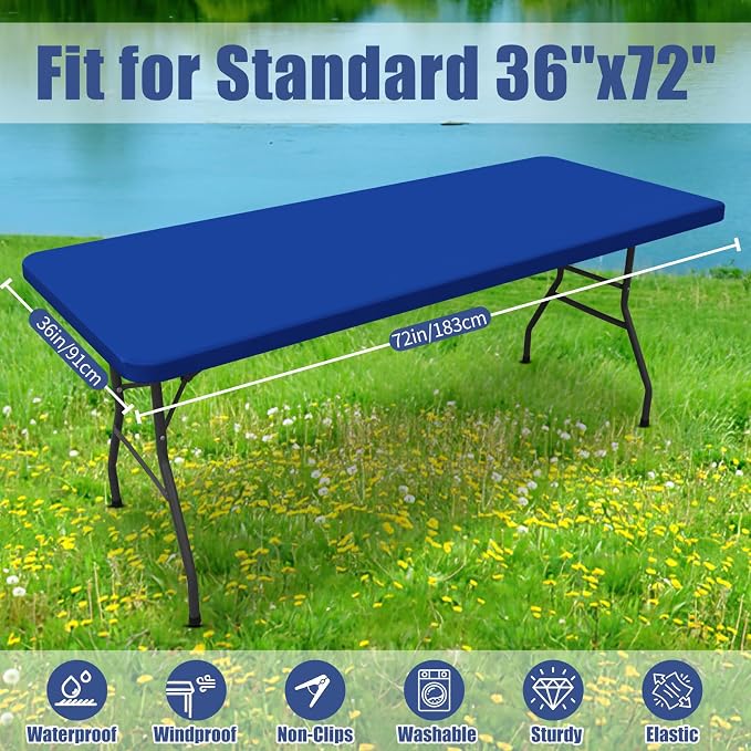 Moosfor 2 Pack Rectangle Spandex Fitted Table Cloth, 6FT Elastic Tablecloth | Washable Picnic Table Cover, Stretch Waterproof Table cloths for Party, Patio, Dining, Kitchen, 36" x 72", Blue