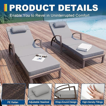 Garvee Outdoor Chaise Lounge Chairs Set of 2, PE Rattan Wicker Patio Lounge Chairs with 5-Position Adjustable Backrest, 3.5" Cushions & Wheels, 380 lbs Capacity Heavy Duty Pool Lounge Chair,Grey