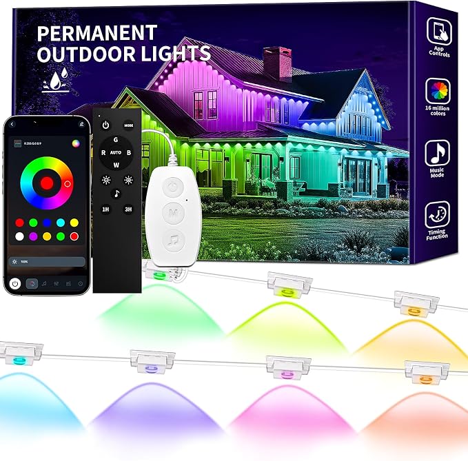 KSIPZE Permanent Outdoor Lights for House Waterproof IP67, Eaves LED Lights | Smart RGB+IC App & Button Control, 200+ Dynamic Scene Modes, For House Roof, Garden, Christmas, Party Decor