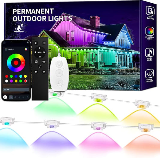 KSIPZE Permanent Outdoor Lights for House Waterproof IP67, Eaves LED Lights | Smart RGB+IC App & Button Control, 200+ Dynamic Scene Modes, For House Roof, Garden, Christmas, Party Decor