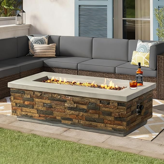 60" Outdoor Propane Gas Fire Pit, 60,000 BTU Patio Firepit, Concrete Fire Pit with Stacked Stone Base, Stainless Steel Burner, Lava Rocks, Optional Natural Gas Conversion Fire Pit