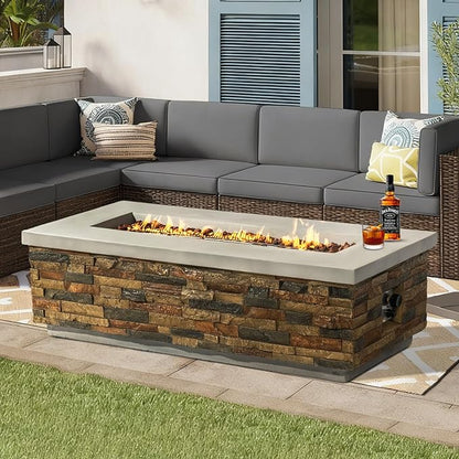 60" Outdoor Propane Gas Fire Pit, 60,000 BTU Patio Firepit, Concrete Fire Pit with Stacked Stone Base, Stainless Steel Burner, Lava Rocks, Optional Natural Gas Conversion Fire Pit