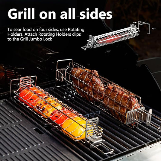 Set of Grate Basket Adjustable Meshes for Grilling for Charcoal, Gas Grill, Tandoor BBQ, Smoker for Home, Outdoor, Restaurant (Stainless steel, Grill Jumbo Basic)