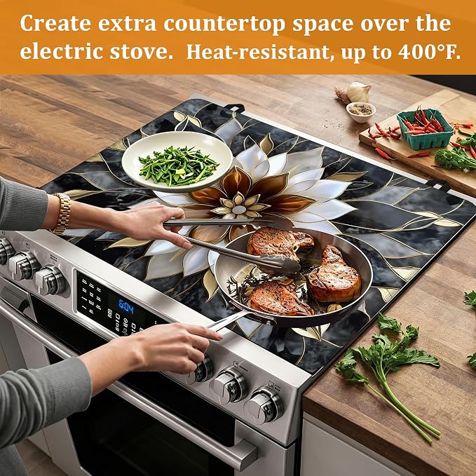Marble Flower Glass Top Stove Cover Protector,Modern Stove Top Covers for Electric Stove,Washable Heat Resistant Cooktop Mat Anti-Slip Range Covers, 28 x 20 Inch