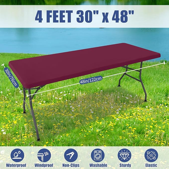 Moosfor Spandex 4 Foot Rectangle Table Cloth, Elastic Fitted Tablecloths for Picnic, Stretch Washable Patio Table Cover for Outdoor, Camping, Banquet and Parties (Jujube Red, 30"x48")