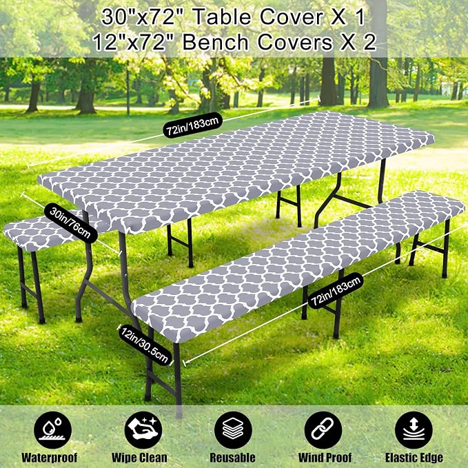 Smiry Picnic Table Cover with Bench Covers, Waterproof Elastic Fitted Tablecloth for 6 Foot Tables, Washable Polyester Tablecloths for Camping, Indoor & Outdoor (Grey, 30x72 Inch 3-pc Set)