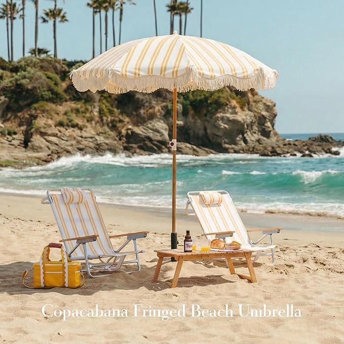 6FT Striped Fringe Beach Umbrella, Sand Anchor, UPF 50+ Sun Shade | Adjustable Tilt & Portable Design, Coastal Umbrella for Beach & Patio, Heritage Mimosa Stripe