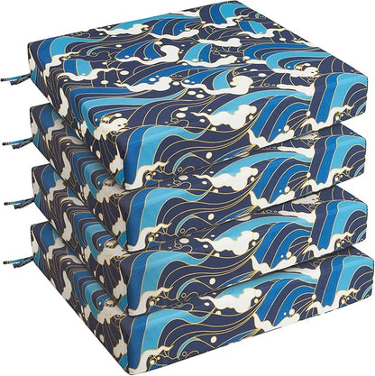 UNIKOME Outdoor Chair Cushions Pack of 4, Water Resistant Patio Cushions with Ties, High Density Sponge Filling Square Corner Seat Cushions for Outdoor Furniture, 18.5"*16"*3", Blue/Waves