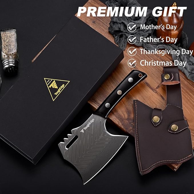 Damascus Meat Cleaver, Serbian Chef`s Knife, 7.58" 73 Layers Steel Blade Kitchen Bone Chopping Axe Hatchet, Ebony Wood Handle, Premium Leather Sheath and Gift Box included